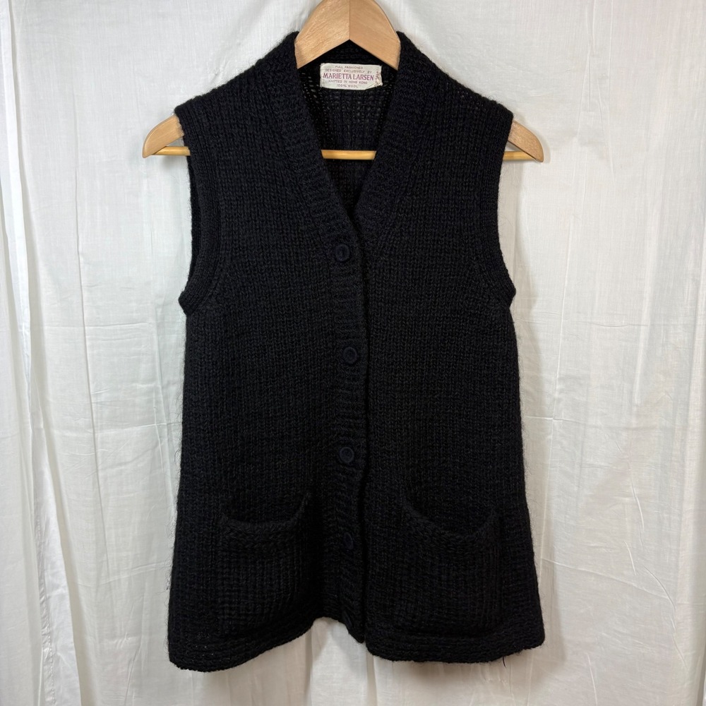 Marietta Larsen 100%‎ Wool Cardigan Sweater Vest Black Size M Vintage